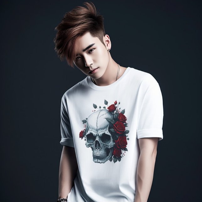 T-shirt Style moderne Rouge Floral Noir Crâne à sucre (Créateur téléchargé)