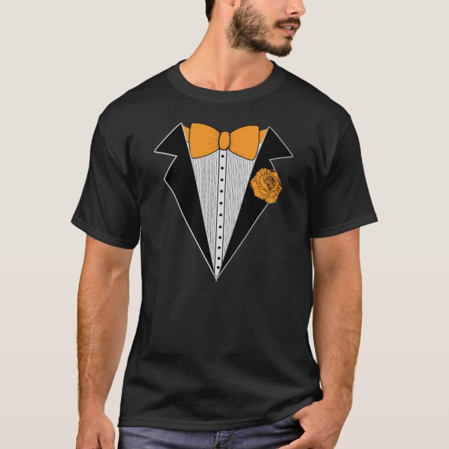 T-shirt Style Tuxedo Noir avec Orange Bowtie & Rose (Devant)