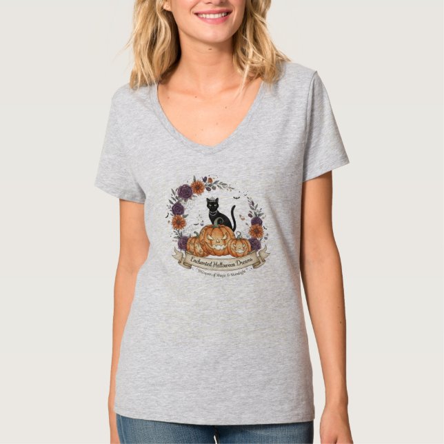 T-shirt "Sublime Halloween Dreams" Chat noir V-Cou (Devant)
