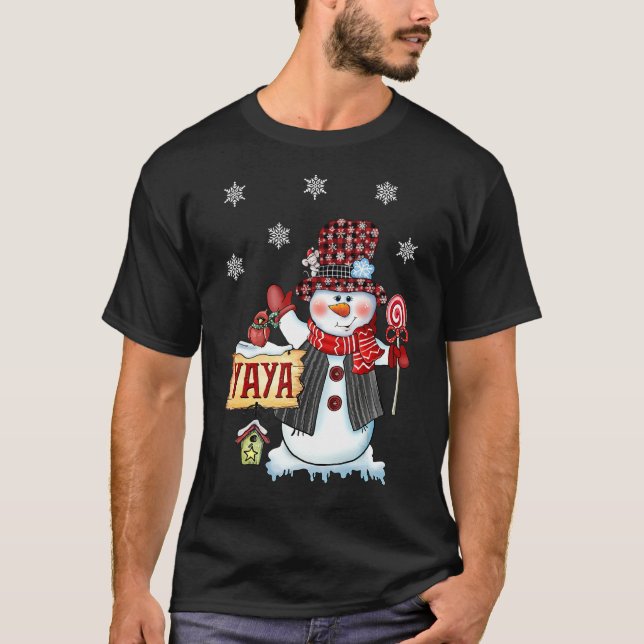 T-shirt Sucre de canne de Noël Yaya Snowman Red Plaid Père (Devant)