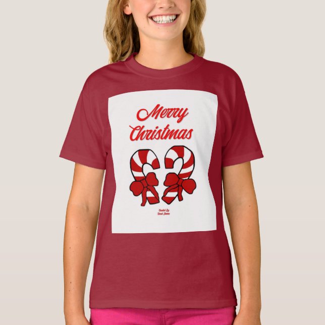 T-shirt Sucres de canne de Noël Filles Maroon Basic T Shir (Devant)