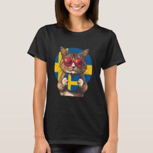 T-shirt Suède Chat Mignon Sverige Cœur Drapeau Suédois Sué