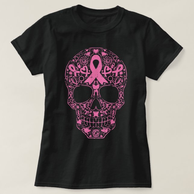 T-shirt Sugar Crâne rose Ruban Calavera Cancer du sein Awa (Design devant)