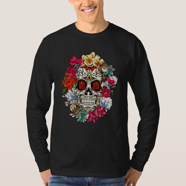 T-shirt Sugar Skull Day Of Dead Dia De Los Muertos Flowers (Devant)