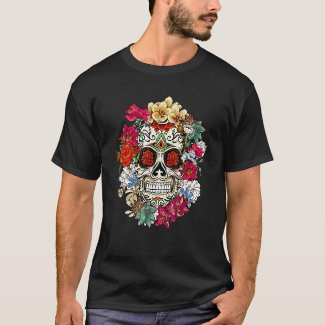 T-shirt Sugar Skull Day Of Dead Dia De Los Muertos Flowers (Devant)