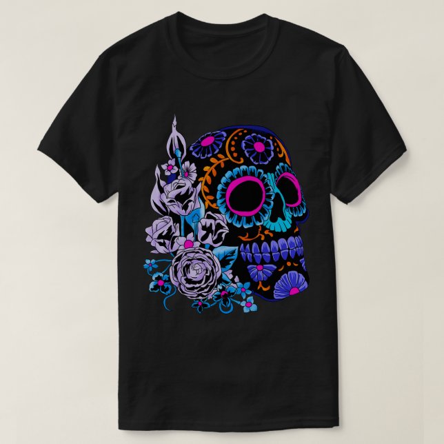 T-shirt Sugar Skull Flowers Day Of The Dead Dia Muertos Gi (Design devant)