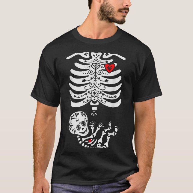 T-shirt Sugar Skull Skeleton Halloween Pregnancy Annouceme (Devant)