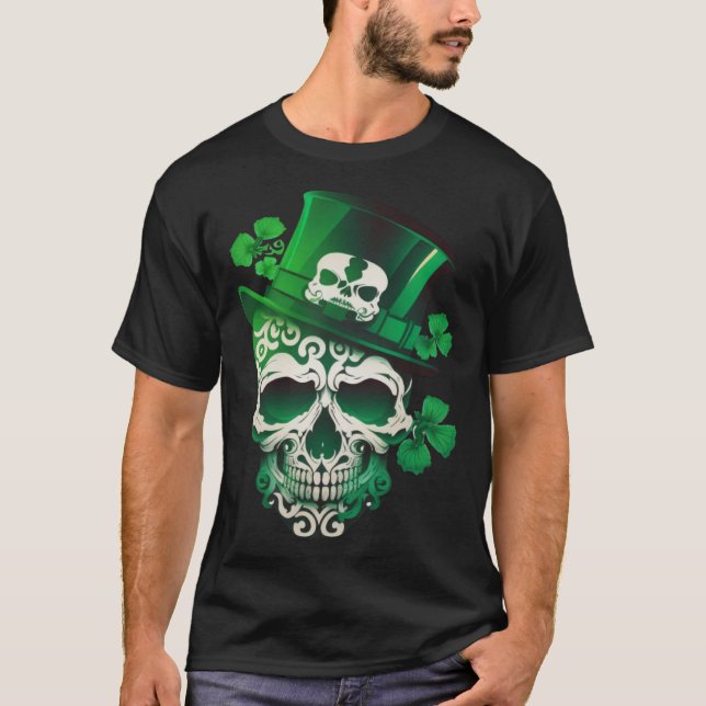 T-shirt Sugar Skull St Patricks Day Irish Skull Leprechaun (Devant)