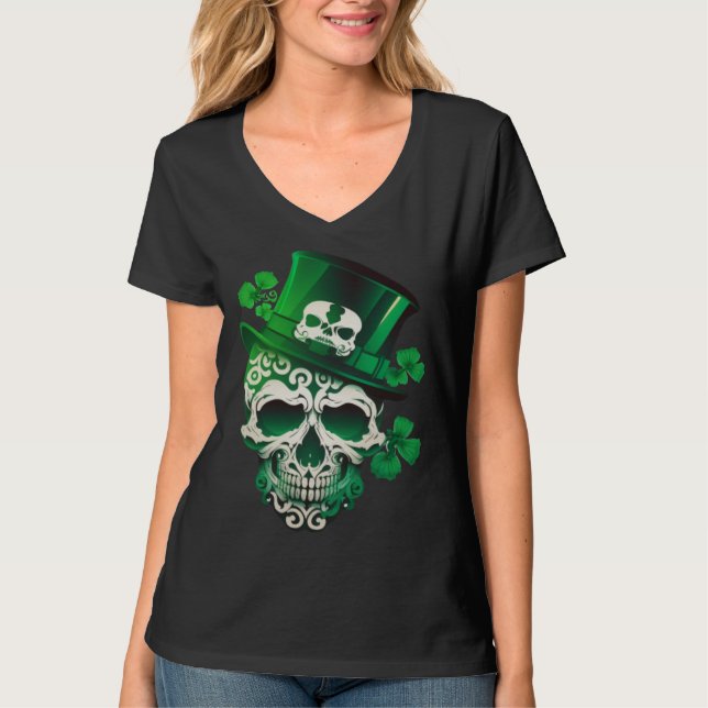 T-shirt Sugar Skull St Patricks Day Irish Skull Leprechaun (Devant)