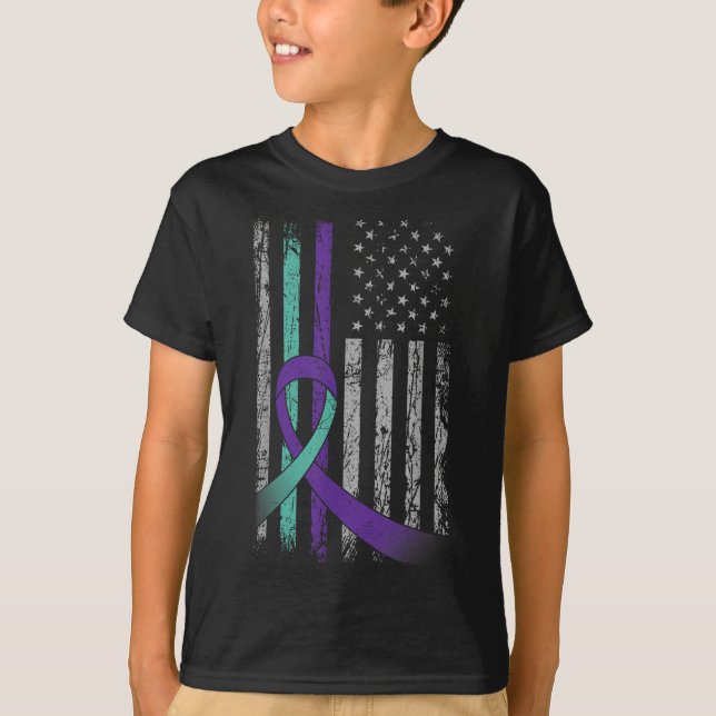 T-shirt Suicide Prevention Awareness America Flag Teal Pur (Devant)