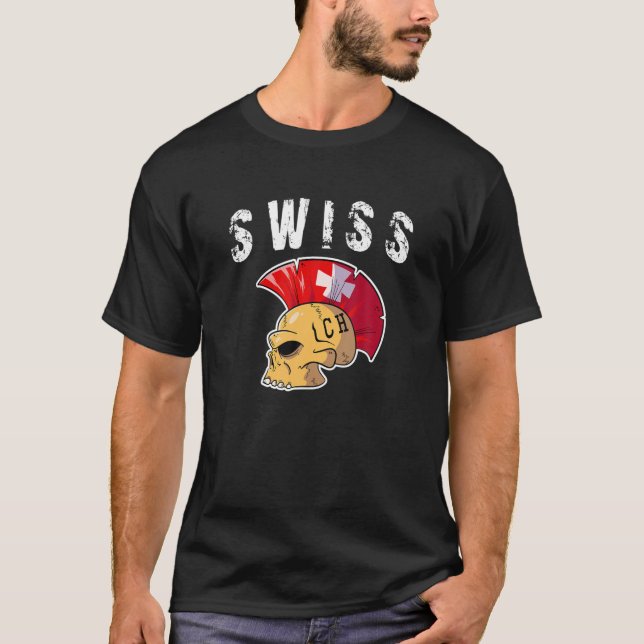 T-shirt Suisse Mohawk Skull Design Sport Supporter Su (Devant)