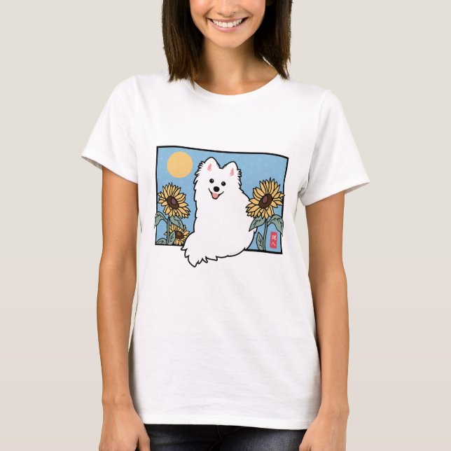 T-shirt Summer Happy Spitz Dog assis avec des tournesols (Devant)