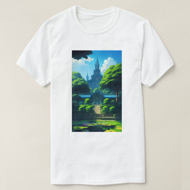 T-shirt Summer Happy Vibes Temple et Pond Blue Sky (Design devant)