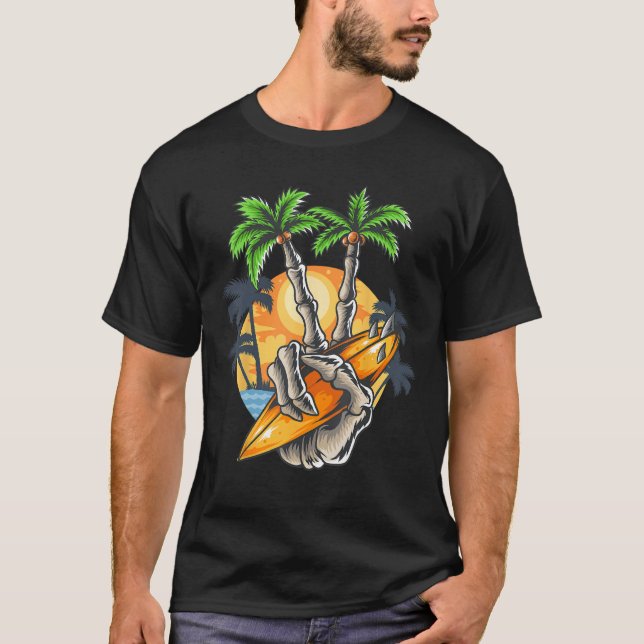 T-shirt Summer skull coconut tree finger holding beach sur (Devant)