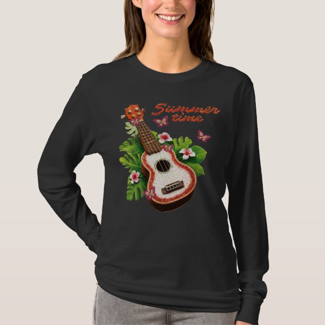 T-shirt Summer Time Hawaii Ukulele Lute Flowers (Devant)