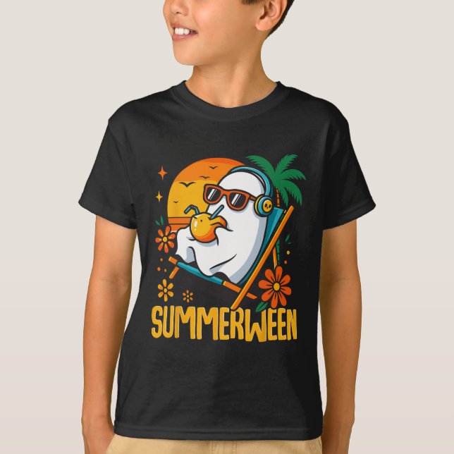 T-shirt Summerween Drôle Fantôme Halloween Summer Beach Vi (Devant)