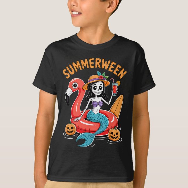 T-shirt Summerween Mermaid Skeleton Beach Flamant rose Hal (Devant)