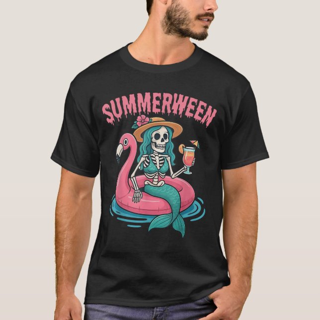 T-shirt Summerween Mermaid Skeleton Beach Flamant rose Hal (Devant)