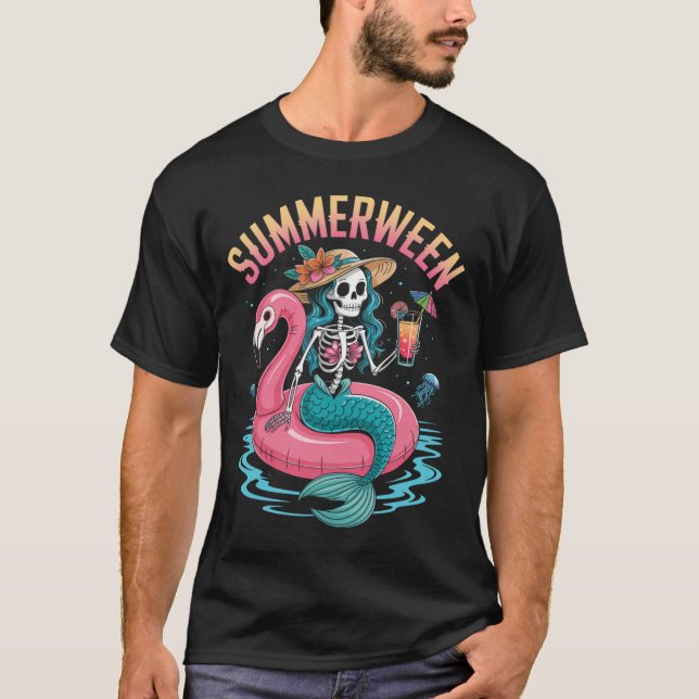 T-shirt Summerween Mermaid Skeleton Beach Flamant rose Hal (Devant)