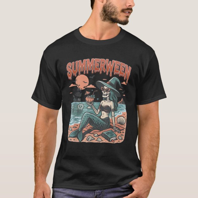 T-shirt Summerween Mermaid Skeleton Beach Flamant rose Hal (Devant)