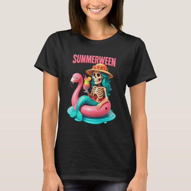 T-shirt Summerween Mermaid Skeleton Beach Flamant rose Hal (Devant)