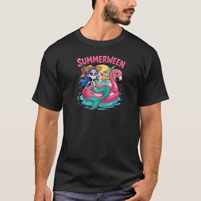 T-shirt Summerween Mermaid Skeleton Beach Flamant rose Hal (Devant)