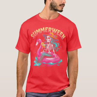 T-shirt Summerween Mermaid Skeleton Beach Flamingo Hallowe