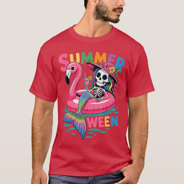 T-shirt Summerween Mermaid Skeleton Beach Flamingo Hallowe (Devant)