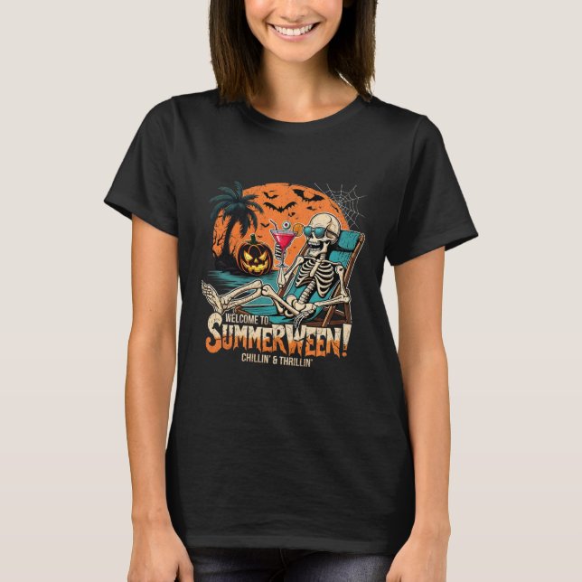 T-shirt Summerween Skeleton Beach Halloween Art Tropical (Devant)