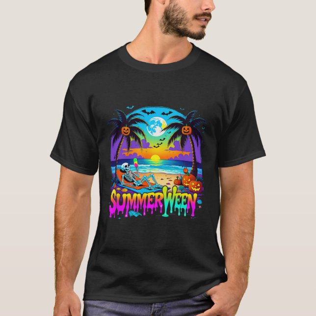 T-shirt Summerween Skeleton Ghost Beach Drôle Éffrayant Ha (Devant)