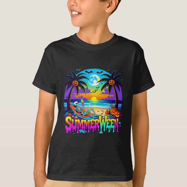 T-shirt Summerween Skeleton Ghost Beach Drôle Éffrayant Ha (Devant)