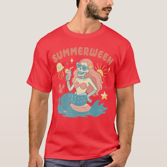 T-shirt Summerween Skeleton Mermaid Beach Flamingo Hallowe (Devant)