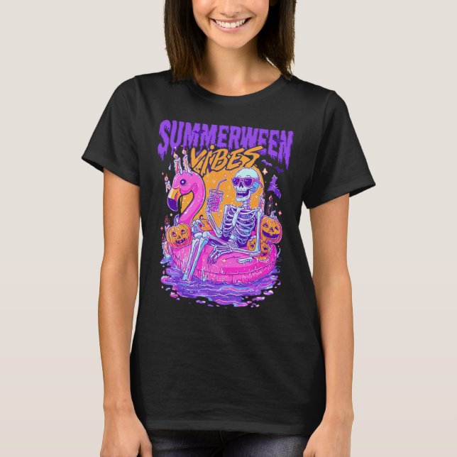 T-shirt Summerween Squelette Éffrayant Summer Beach Skelly (Devant)