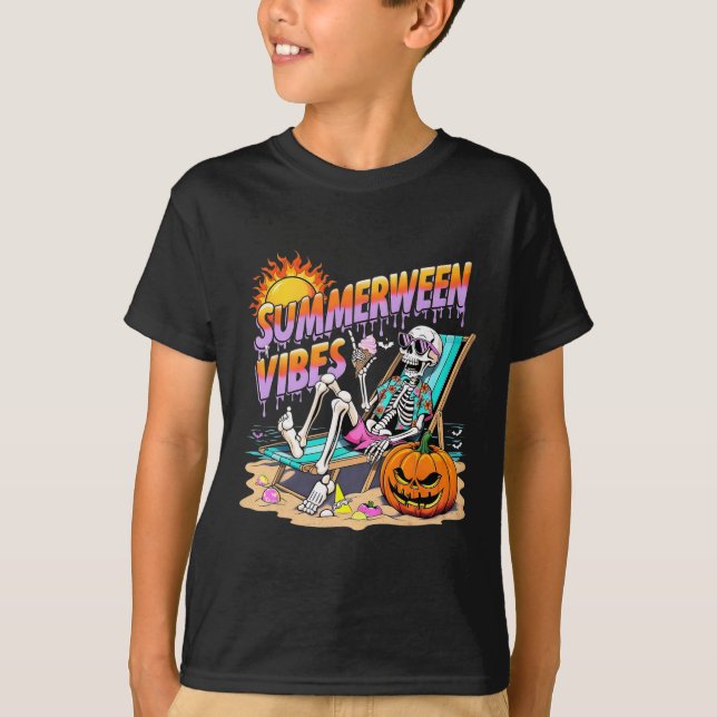 T-shirt Summerween Vibes Skeleton Citrouille Vacances Éffr (Devant)