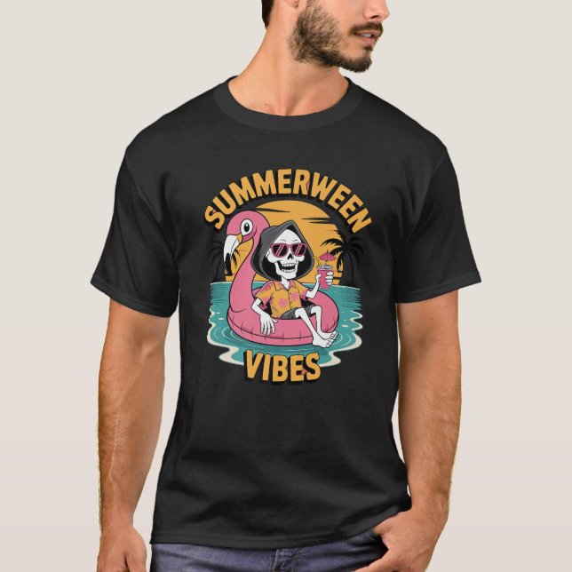 T-shirt Summerween Vibes Skeleton Flamant rose Flotte été  (Devant)