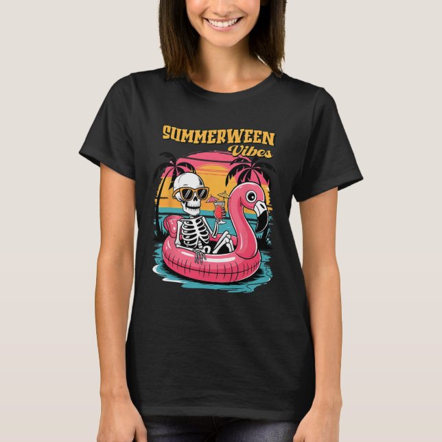 T-shirt Summerween Vibes Skeleton Flamant rose Hallowee Éf (Devant)
