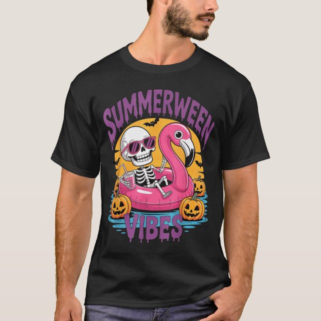 T-shirt Summerween Vibes Skeleton Flamingo Spooky Hallowee (Devant)