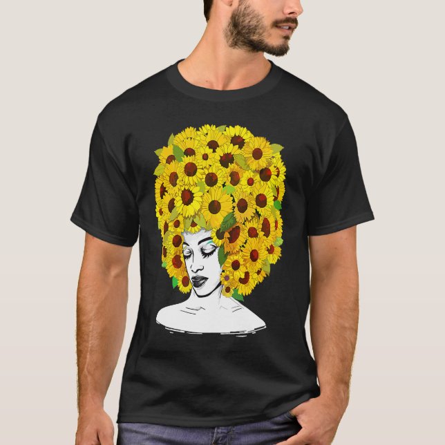 T-shirt Sunflower Afro Women Black Queen African American  (Devant)