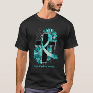 T-shirt Sunflower Christian Cross Ribbon Turquoise Fragile