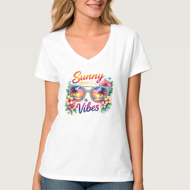 T-shirt Sunny Vibes Tropical Sunset Sunglasses Women’s Bas (Devant)