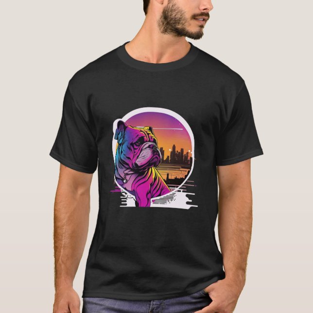 T-shirt Sunset 80s Retrowave Bulldog avec esthétique (Devant)