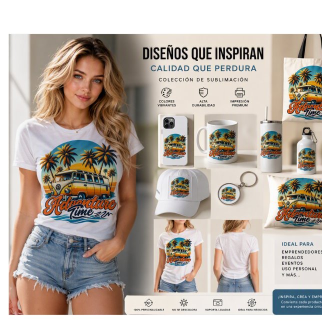 T-shirt “Sunset Adventure Van” (Adventure Time T-Shirt + Complete Sublimation Collection
Model: Carmen - Size M - 100% Cotton
Durabl)