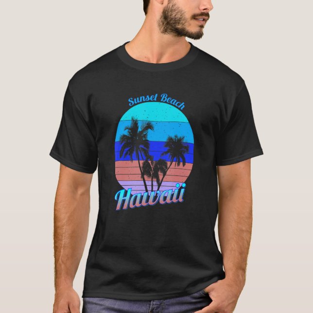 T-shirt Sunset Beach Hawaii Retro Tropical Palm Trees Vaca (Devant)