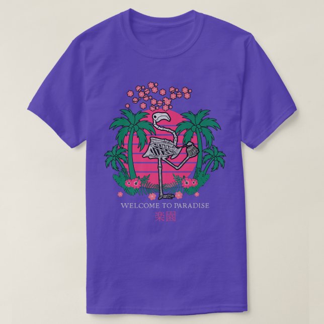 T-shirt Sunset Japon Vaporwave Kanji Skeleton Flamant rose (Design devant)