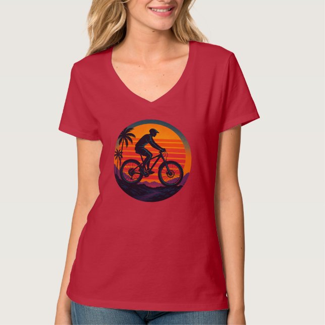 T-shirt Sunset Mountain Biker Retro Adventure Art (Devant)