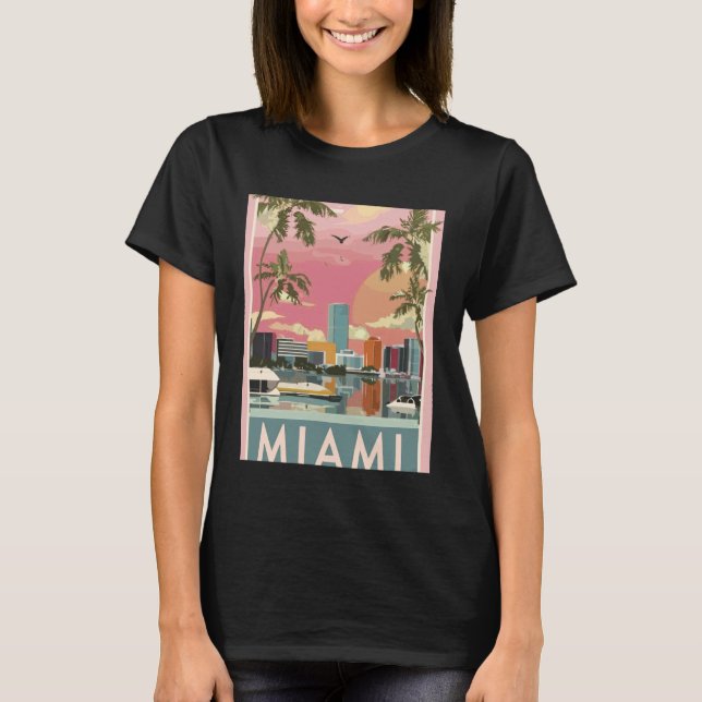 T-shirt Sunset Sky Over Miami Skyline & Palm-Lined Bay Tra (Devant)