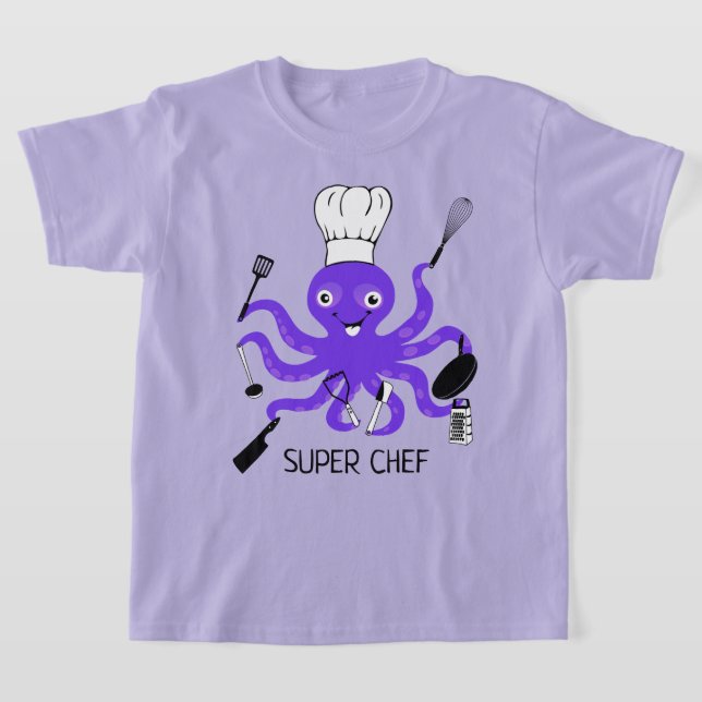 T-shirt Super Chef Octopus pourpre avec Gadgets de Cuisine (Poser)
