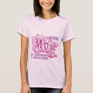 T-shirt Super Mom décorative roses & violets noms d'enfant