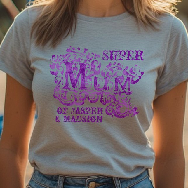 T-shirt Super Mum décoratif violet enfants noms top (Créateur téléchargé)