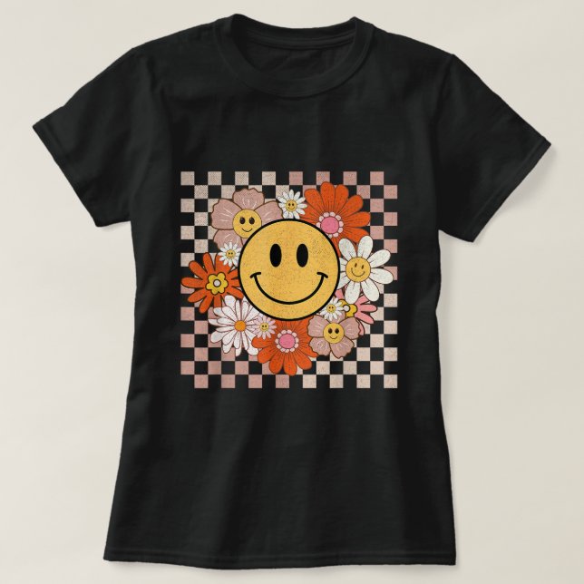 T-shirt Super Sourire Happy Fleurs Visage À damiers Hippie (Design devant)